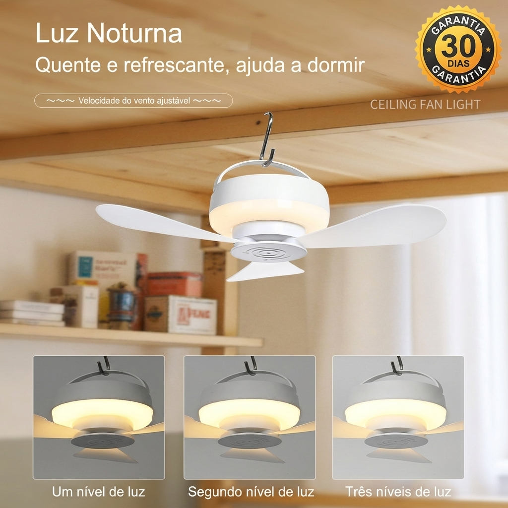 Ventilador de Teto Recarregável com LED – Frescura e Iluminação em Qualquer Lugar