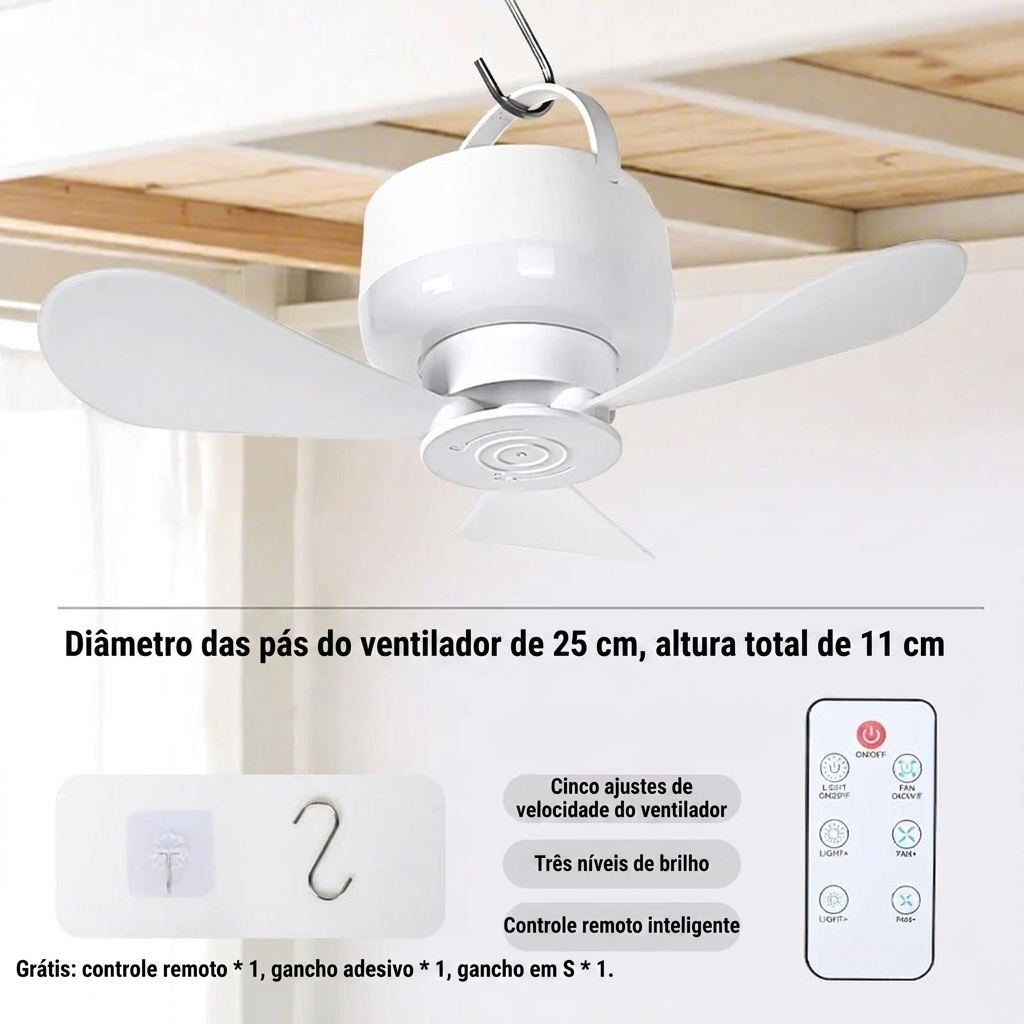 Ventilador de Teto Recarregável com LED – Frescura e Iluminação em Qualquer Lugar