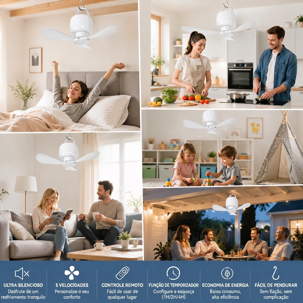 Ventilador de Teto Recarregável com LED – Frescura e Iluminação em Qualquer Lugar